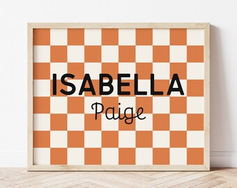 Personalized Name Printable Wall Art, Baby Girl Name Sign for Nursery Girl Checkerboard Name, Retro Girls Room Decor, Nursery Name Sign Girl