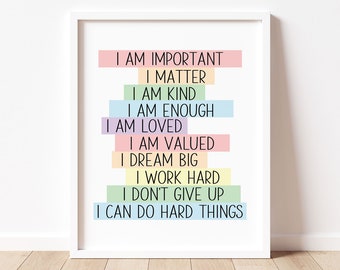 Pastel Daily Affirmations Printable Wall Art, Kids Affirmation Poster, Classroom Decor, Rainbow Affirmation Wall Art Digital Download