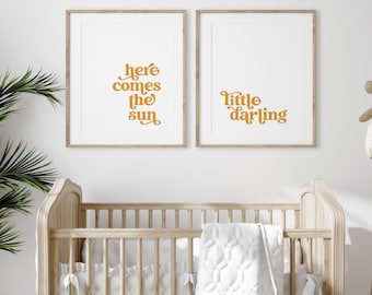 Arte de pared imprimible con frase "sol retro", decoración bohemia veraniega para habitación de bebé, arte mural color mostaza, tipografía playera neutra, impresiones descargables.
