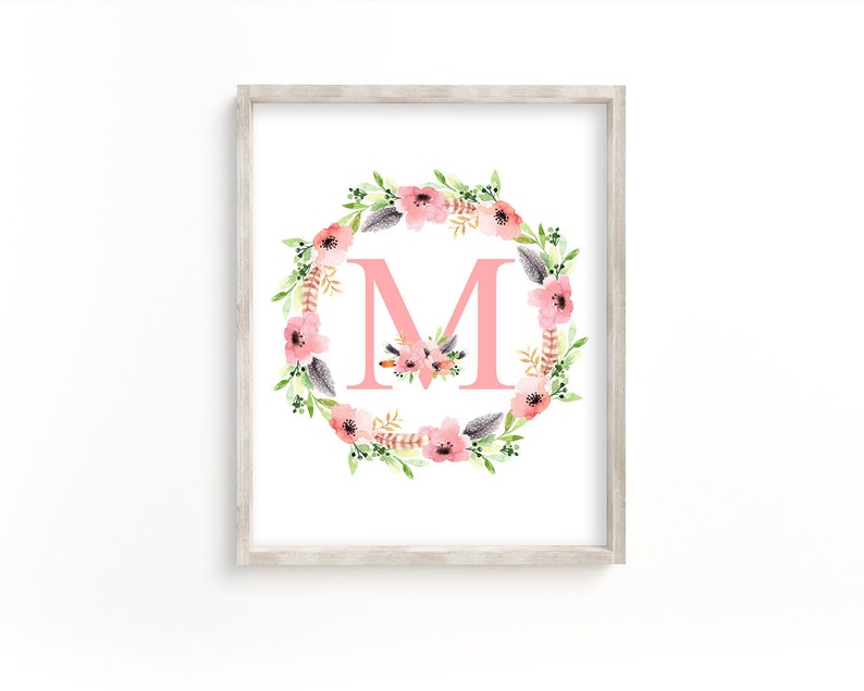 Watercolor Floral Letter M Wall Decor Flower Monogram Etsy