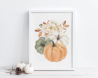 Watercolor Floral Autumn Bouquet Pumpkin Decor, Flower Pumpkins Printable Wall Art, Botanical Fall Decor, Autumn Digital Downloadable Prints