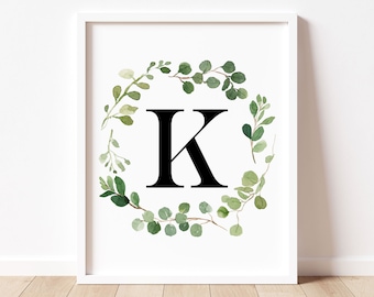 Letter K Monogram Printable Wall Art, Letter K Print, Boy Farmhouse Nursery Decor Letter Print, Botanical Initial Print, Downloadable Prints