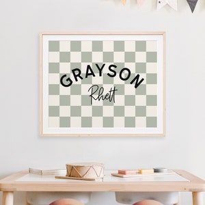 Personalized Name Printable Wall Art, Baby Boy Name Sign for Nursery Boy, Sage Green Checkerboard Nursery Name Sign, Trendy Boys Room Decor image 5