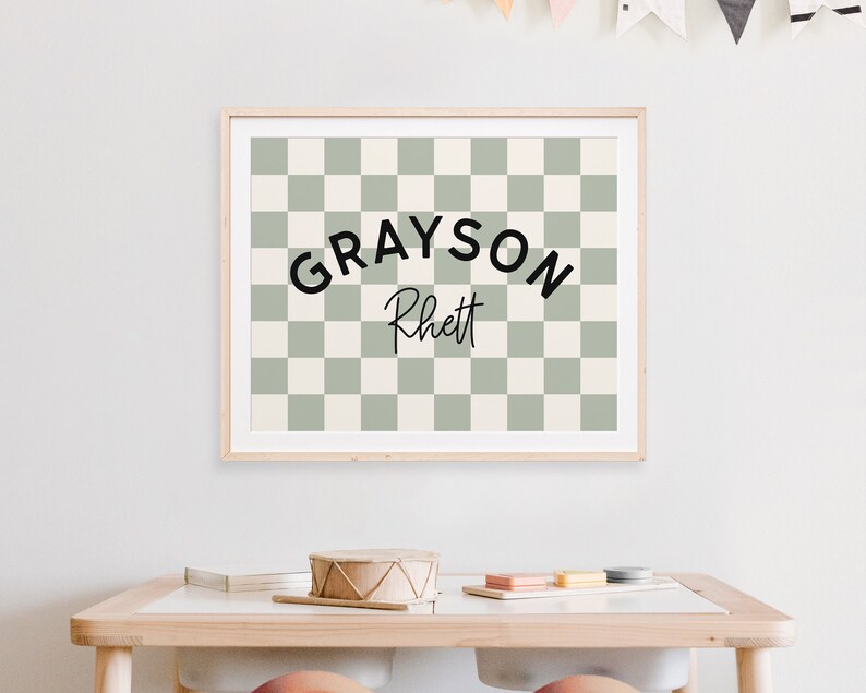 Personalized Name Printable Wall Art, Baby Boy Name Sign for Nursery Boy, Sage Green Checkerboard Nursery Name Sign, Trendy Boys Room Decor image 5