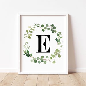 Letter E Monogram Printable Wall Art, Watercolor Monogram Wall Decor, E Initial Print, Greenery Nursery Decor, Farmhouse Nursery Wall Art