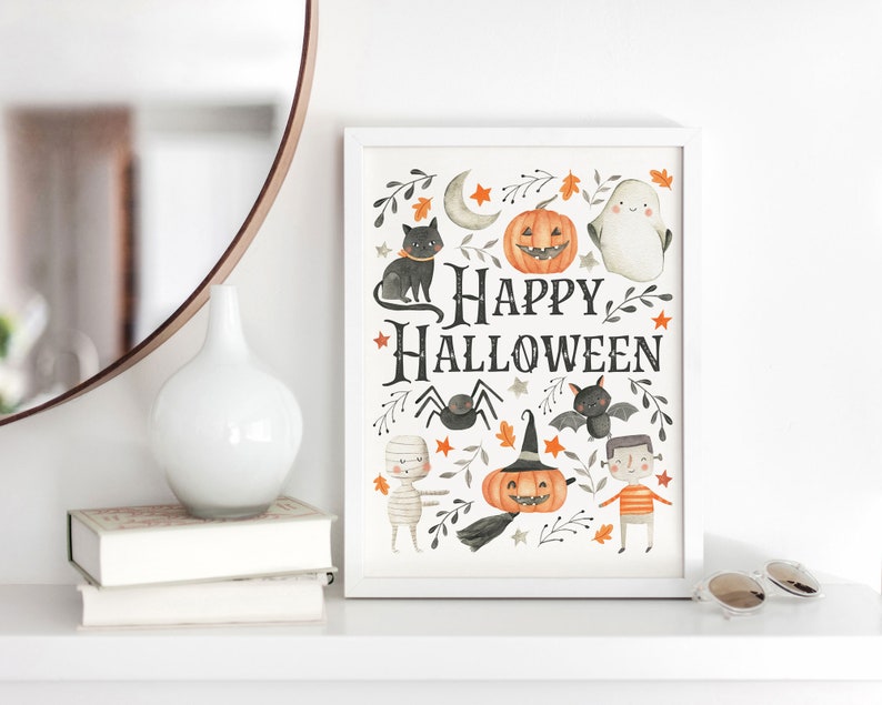 Happy Halloween Printable Wall Art, Watercolor Halloween Art Print, Cute Kids Halloween Wall Art, Halloween Print, Downloadable Prints image 6