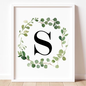 Watercolor Greenery Monogram Printable Wall Art, Letter S Initial Print, Gender Neutral Nursery Decor, S Letter Print, Monogram Wall Print