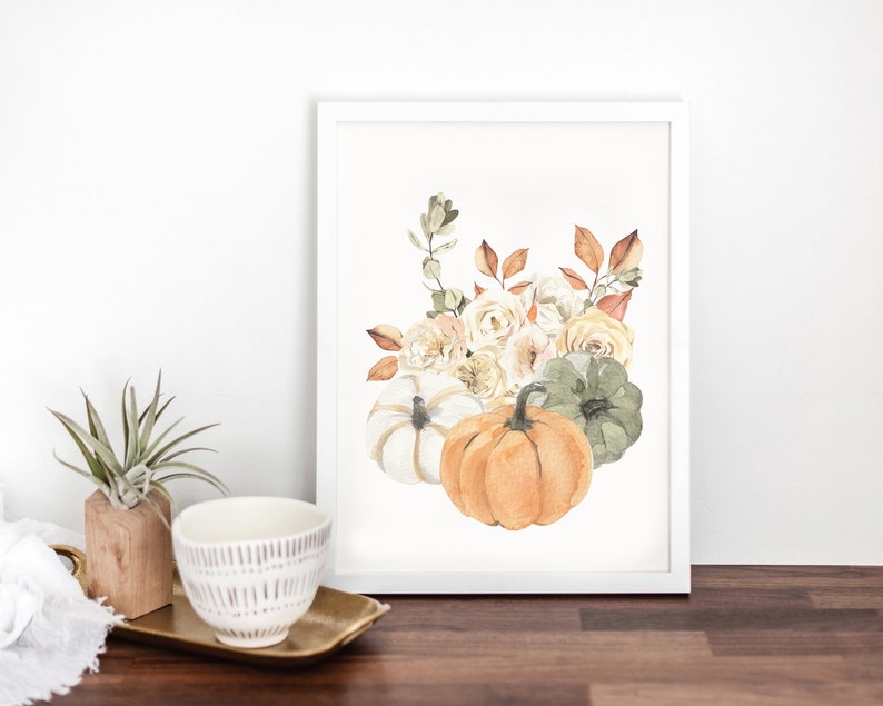 Arte da parete stampabile con bouquet autunnale di zucca, decorazioni floreali autunnali ad acquerello, decorazioni autunnali rustiche Boho, stampe botaniche digitali scaricabili immagine 3