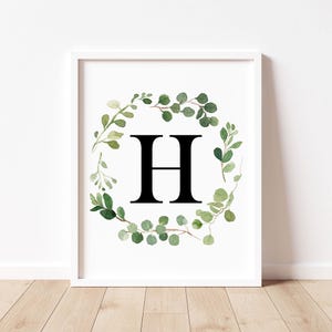 H Monogram Print, Initial Printable Wall Art, Letter H Print, Initial Print, Monogram Wall Decor, Greenery Monogram Wreath Print for Nursery