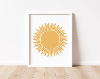 Arte de pared imprimible de sol amarillo, impresión de sol para habitación de bebé, decoración neutra para habitación de bebé, impresiones digitales descargables