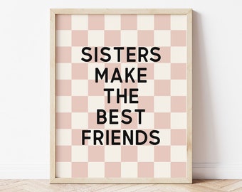 Arte de pared imprimible "Las hermanas son las mejores amigas", póster retro a cuadros, ideas para habitaciones compartidas para niñas pequeñas, cita de moda para niños sobre hermanos
