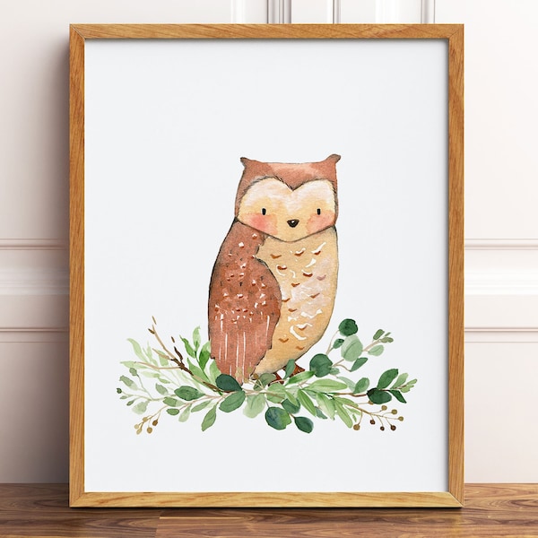 Watercolor Owl Printable Wall Art, Greenery Woodland Nursery Decor Boy, Forest Animal Prints, Kids Room Decor, Digital Downloadable Prints