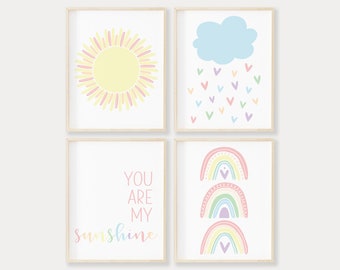 Arte de pared imprimible "Eres mi sol" con arcoíris pastel, impresión de sol, decoración de guardería con nubes, impresión de arcoíris boho, descarga digital para sala de juegos con arcoíris.