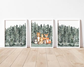 Juego de 3 impresiones de animales del bosque en acuarela, arte de pared imprimible de criaturas del bosque, decoración de guardería infantil de bosque para niño, descarga instantánea de vida silvestre