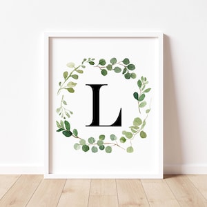 Letter L Print, Monogram Printable Wall Art, Watercolor Greenery Letter Printable, Baby Boy Farmhouse Nursery Decor, Botanical Prints