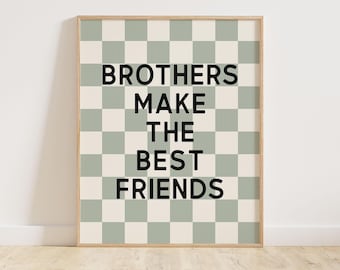 Arte de pared imprimible "Hermanos son los mejores amigos", póster retro a cuadros, ideas para habitaciones compartidas para niños pequeños, frase de moda para hermanos.