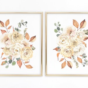 水彩花束プリントウォールアート2点セット、秋の花の壁飾り、秋の花柄プリント、ボヘミアン風花柄ウォールアート、デジタルダウンロード