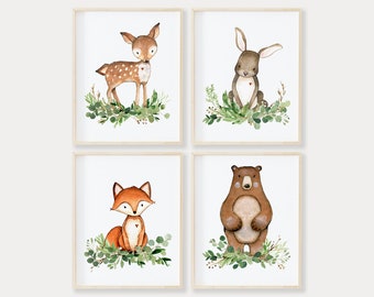 Gravures de pépinière Woodland Neutral Set de 4, Art mural imprimable, Impressions d’animaux boisés, Décor de pépinière boisée Garçon, Décor de chambre pour enfants