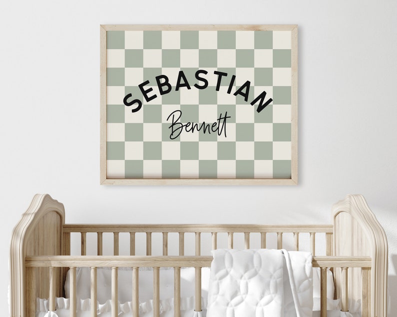 Personalized Name Printable Wall Art, Baby Boy Name Sign for Nursery Boy, Sage Green Checkerboard Nursery Name Sign, Trendy Boys Room Decor image 8