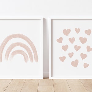 Pink Rainbow and Hearts Printable Wall Art, Blush Pink Wall Art, Blush Nursery Decor, Rainbow Print, Heart Print, Girl Nursery Prints