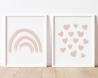 Arte de pared imprimible con arcoíris y corazones rosas, arte de pared rosa ruborizado, decoración de habitación infantil ruborizada, impresión de arcoíris, impresión de corazones, impresiones para habitación infantil de niña