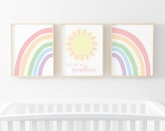 Rainbow You Are My Sunshine Printable Wall Art, Scandi Sun Poster, Boho Rainbow Print, Pastel Rainbow Baby Nursery Decor, Digital Download