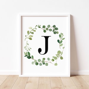 Letter J Print, Monogram Printable Wall Art, Watercolor Greenery Letter Printable, Baby Boy Farmhouse Nursery Decor, Botanical Prints