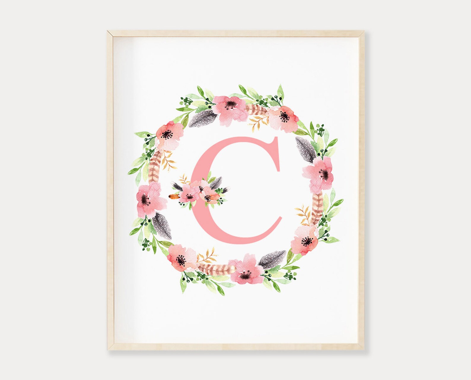 Letter C Monogram Printable Wall Art Watercolor Floral Letter | Etsy