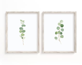 Watercolor Botanical Prints Set of 2, Eucalyptus Print, Eucalyptus Leaves Printable Wall Art, Greenery Farmhouse Decor, Downloadable Prints