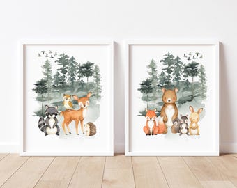 Impresiones de animales del bosque en acuarela, juego de 2 impresiones de arte de pared para imprimir, decoración de guardería de bosque para niño, impresiones de animales del bosque, descarga digital