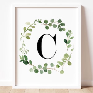 Letter C Monogram Wall Print, Printable Wall Art, Watercolor Greenery Wall Art, Nursery Botanical Prints, Baby Boy Farmhouse Nursery Decor