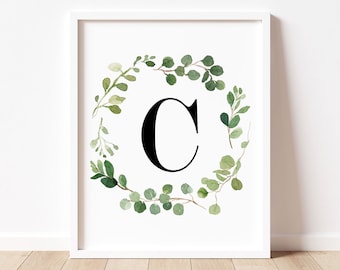 Letter C Monogram Wall Print, Printable Wall Art, Watercolor Greenery Wall Art, Nursery Botanical Prints, Baby Boy Farmhouse Nursery Decor