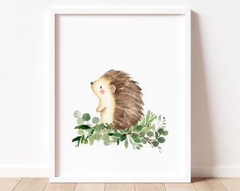Arte de pared imprimible de erizo en acuarela, decoración de guardería para bebé niño con criaturas del bosque, impresión de arte de pared infantil con animales del bosque botánico