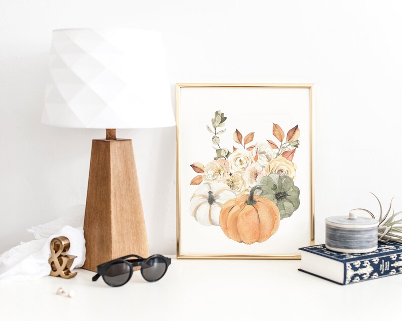 Arte da parete stampabile con bouquet autunnale di zucca, decorazioni floreali autunnali ad acquerello, decorazioni autunnali rustiche Boho, stampe botaniche digitali scaricabili immagine 7