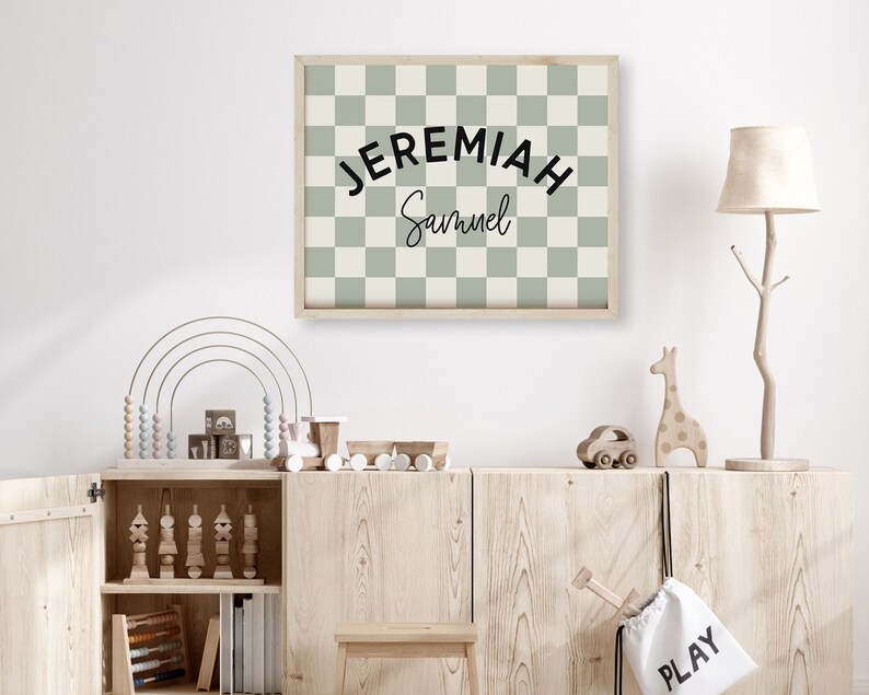 Personalized Name Printable Wall Art, Baby Boy Name Sign for Nursery Boy, Sage Green Checkerboard Nursery Name Sign, Trendy Boys Room Decor image 9