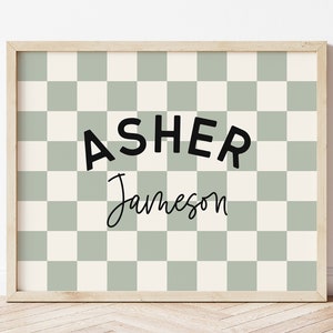 Personalized Name Printable Wall Art, Baby Boy Name Sign for Nursery Boy, Sage Green Checkerboard Nursery Name Sign, Trendy Boys Room Decor image 1