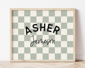 Personalized Name Printable Wall Art, Baby Boy Name Sign for Nursery Boy, Sage Green Checkerboard Nursery Name Sign, Trendy Boys Room Decor