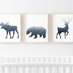 Moose Printable Wall Art, Forest Animal Prints, Baby Boy Bear Nursery Decor, Wildlife Silhouette Art, Deer Wilderness Print Digital Download