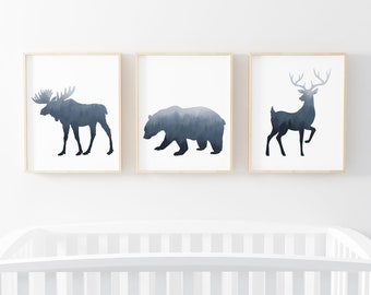 Moose Printable Wall Art, Forest Animal Prints, Baby Boy Bear Nursery Decor, Wildlife Silhouette Art, Deer Wilderness Print Digital Download