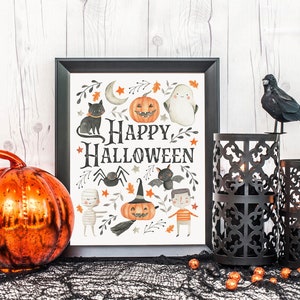 Happy Halloween Printable Wall Art, Watercolor Halloween Art Print, Cute Kids Halloween Wall Art, Halloween Print, Downloadable Prints image 4