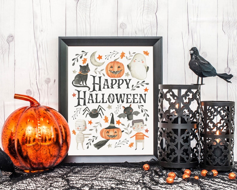 Happy Halloween Printable Wall Art, Watercolor Halloween Art Print, Cute Kids Halloween Wall Art, Halloween Print, Downloadable Prints image 4