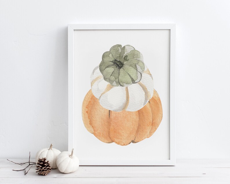 Watercolor Stacked Pumpkins Printable Wall Art, Gourd Art, Pumpkin Stack Digital Download, Autumn Decorations, Pumpkin Printable Wall Decor image 1