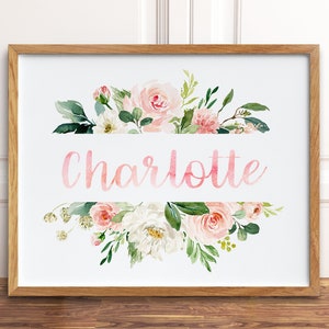Blush Pink Floral Nursery Name Sign, Printable Wall Art, Personalized Baby Girl Name Sign, Baby Name Print, Watercolor Floral Nursery Print Horizontal/Landscape