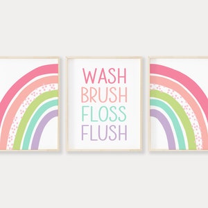 Bright Pastel Wash Brush Floss Flush Split Rainbow Printable Wall Art, Rainbow Bathroom Prints, Boho Rainbow Kids Bathroom Sign Download