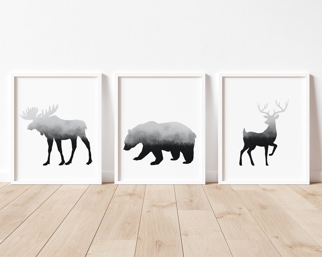 Forest Animal Wall Art Set of 3, Moose Printable Wall Art, Girl Bear