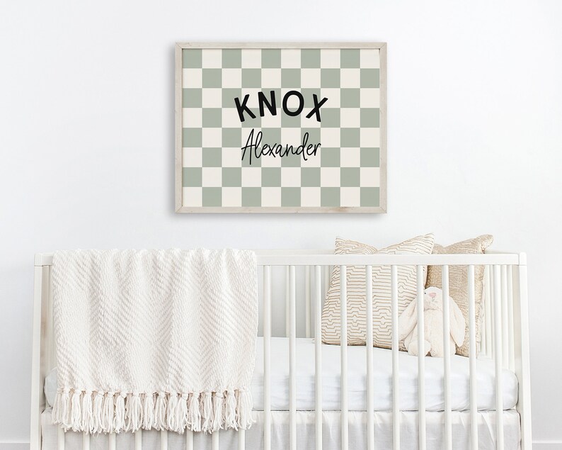 Personalized Name Printable Wall Art, Baby Boy Name Sign for Nursery Boy, Sage Green Checkerboard Nursery Name Sign, Trendy Boys Room Decor image 10