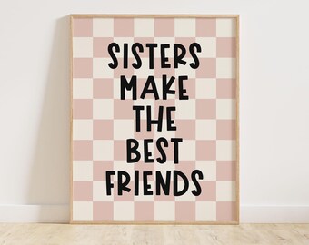 Arte de pared imprimible "Las hermanas son las mejores amigas", póster retro a cuadros, ideas para habitaciones compartidas para niñas pequeñas, cita de moda para niños sobre hermanos