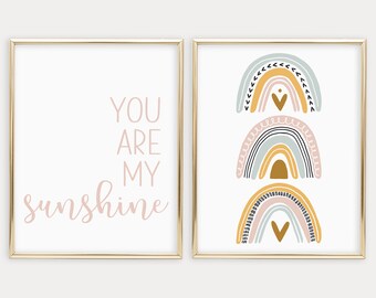 You are my Sunshine Wall Art, Pastel Rainbow Downloadable Prints, Boho Printable Wall Art, Rainbow Baby Nursery Decor, Digital Download