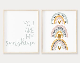 Pastel Rainbow You Are My Sunshine Printable Wall Art, Boho Rainbow Print for Nursery Decor, Rainbow Baby Nursery Wall Art, Downloadable Art