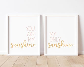 Arte de pared imprimible en rosa y amarillo "Eres mi sol", "Mi único sol", impresiones descargables, obra de arte digital para habitación de bebé niña